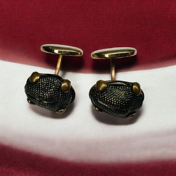 ANTIQUE- 9K Gold -Victorian- Natural Scarab Cufflinks- -6.2g Real Green Beetles - Picture 2 of 16